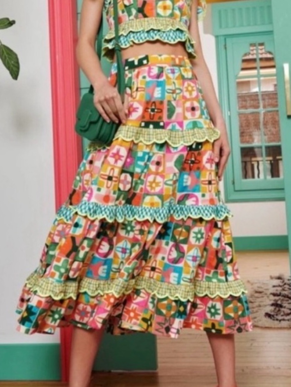 CeliaB Vibrant Multicolor Patchwork Tiered A-Line Skirt